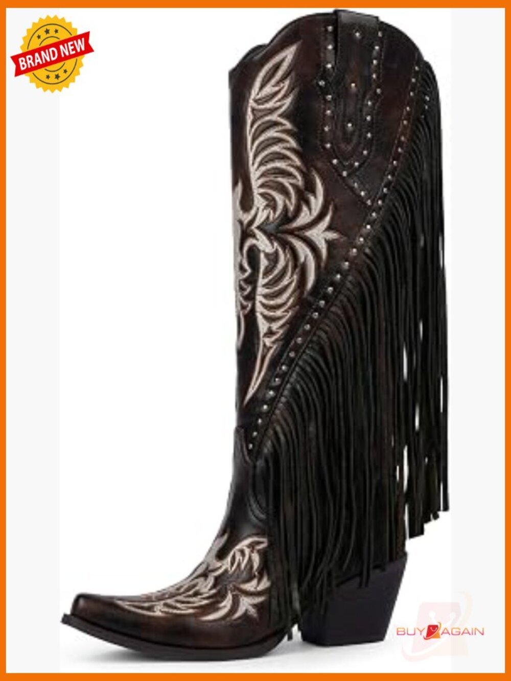 Fringe Cowgirl Boots Embroidered Studded Pointed Toe Chunky Heel Knee High Pull
